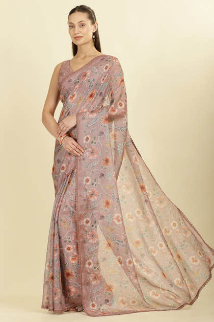 Light Brown Organza Floral Printed And Lace Work Saree