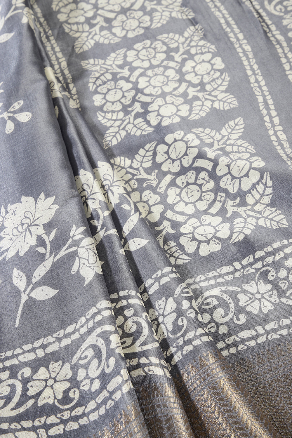 Grey Color Cotton Silk Block Printed Saree