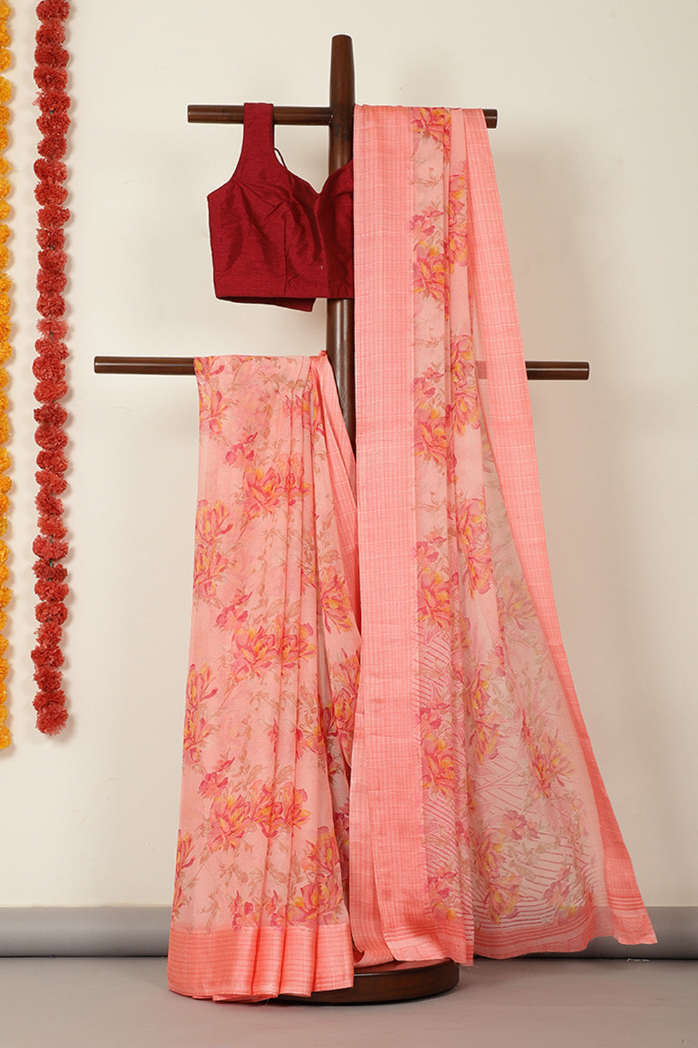 Peach Floral Printed Chiffon Saree