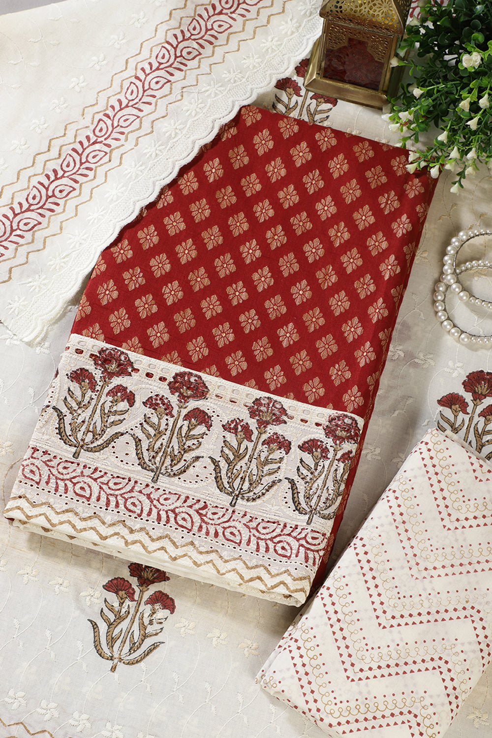Maroon Cotton Woven And Lace Work Unstitched Suit Material