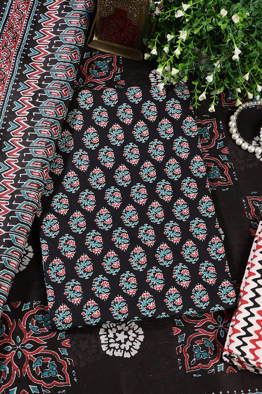 Black Poplin Cotton Printed Unstitched Suit Material