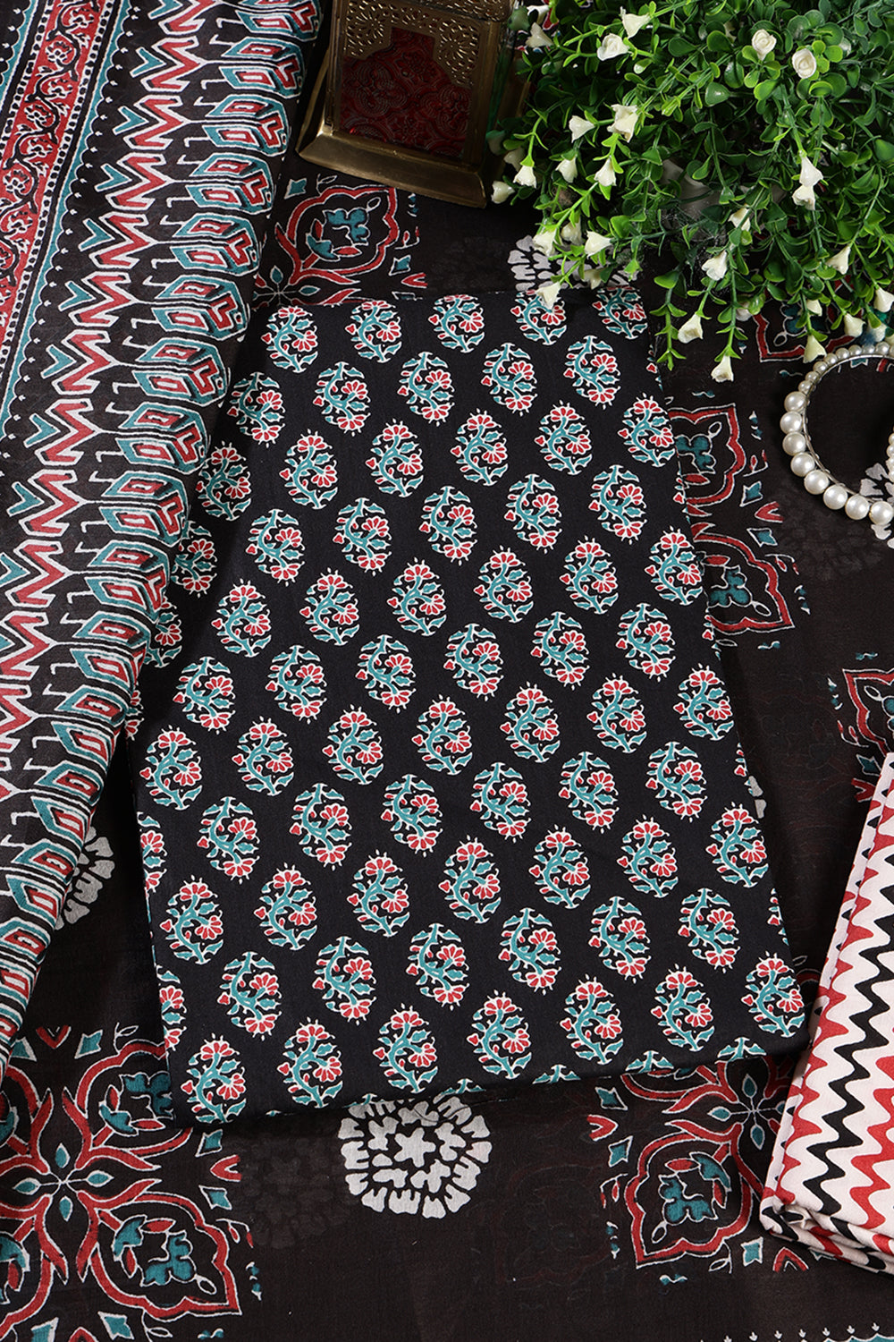 Black Poplin Cotton Printed Unstitched Suit Material