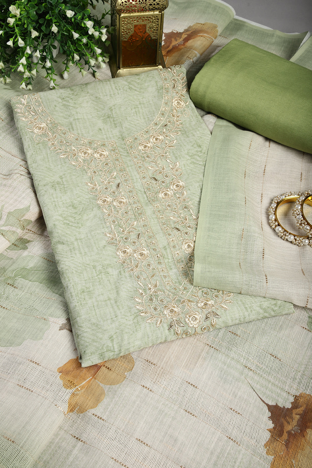 Green Color Linen Cotton Embroidery Unstitched Suit Material
