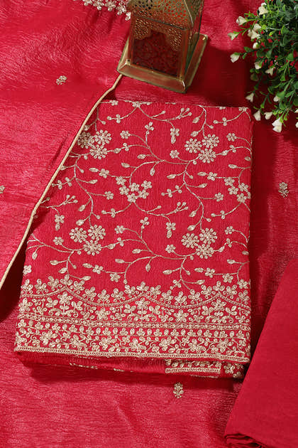 Cherry Red  Tissue Silk Zari Embroidered Unstitched Suit Material