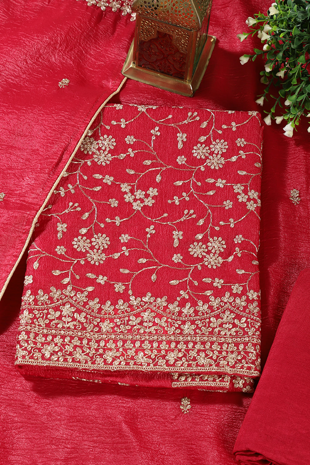 Cherry Red  Tissue Silk Zari Embroidered Unstitched Suit Material