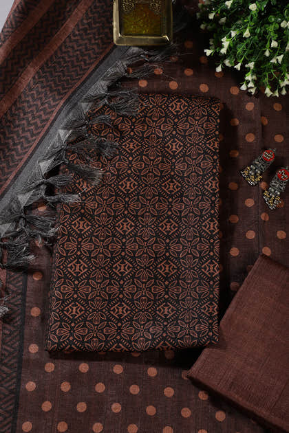 Brown Chanderi Cotton Printed Unstiched Suit Material