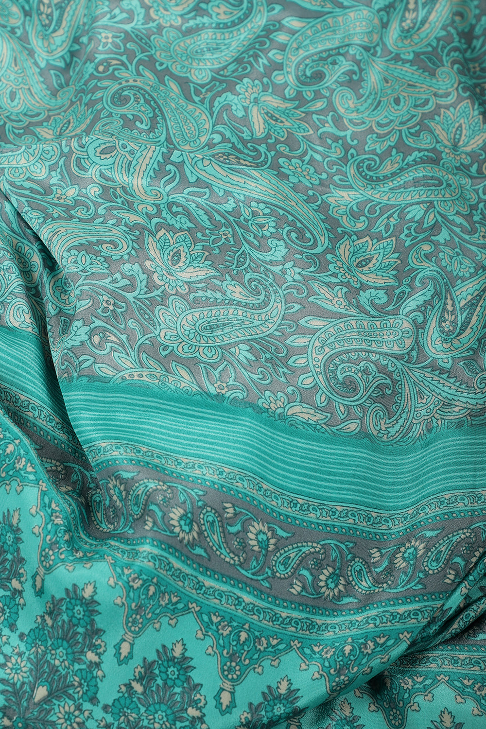 Turquoise & Grey Floral Printed Crepe Saree