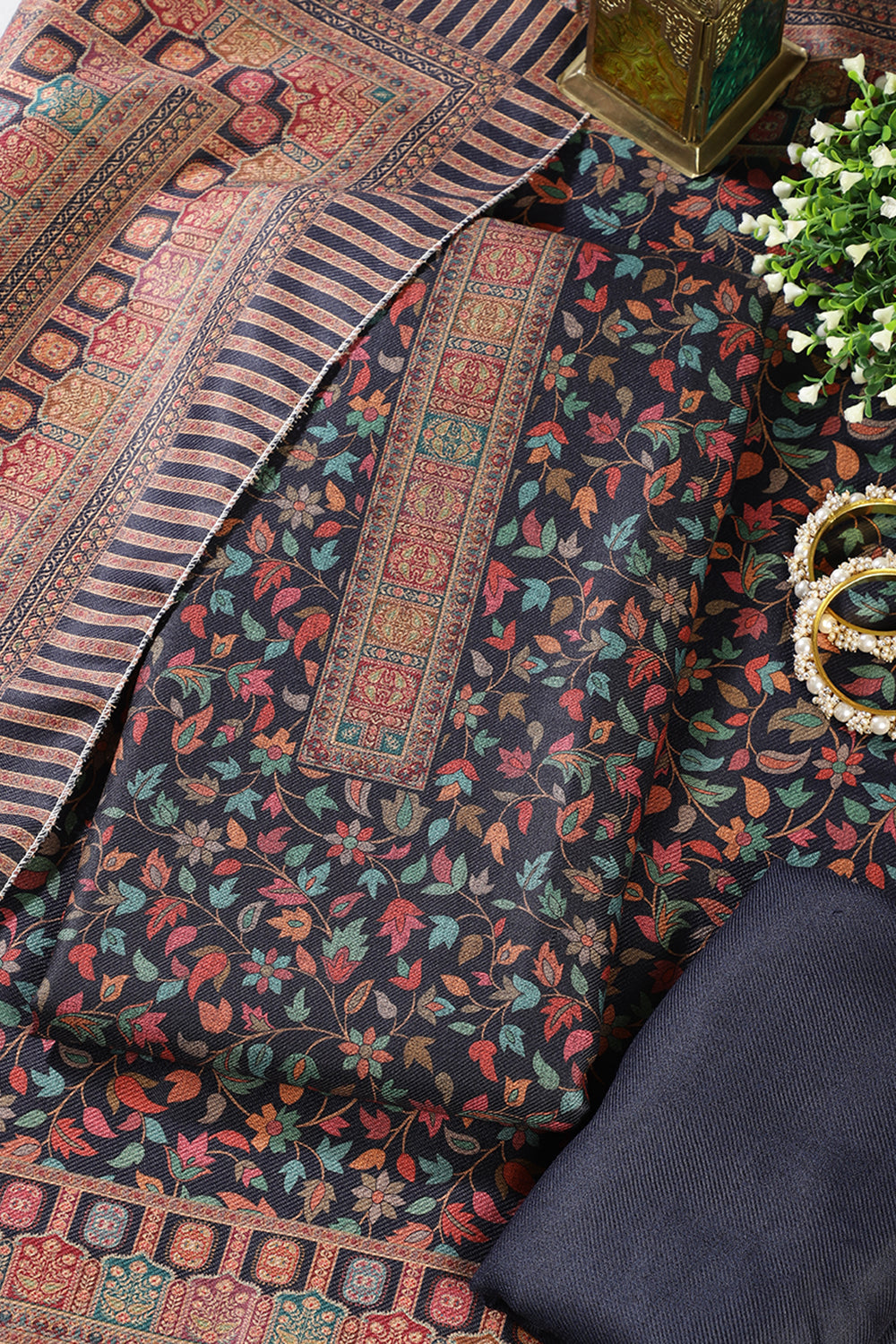 Navy Pashmina Floral Printed Unstitched Suit Fabric