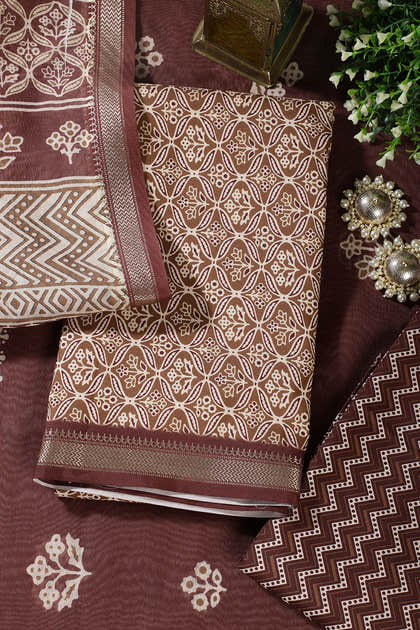Brown Cotton Ajrakh Block Print Unstitched Suit Material
