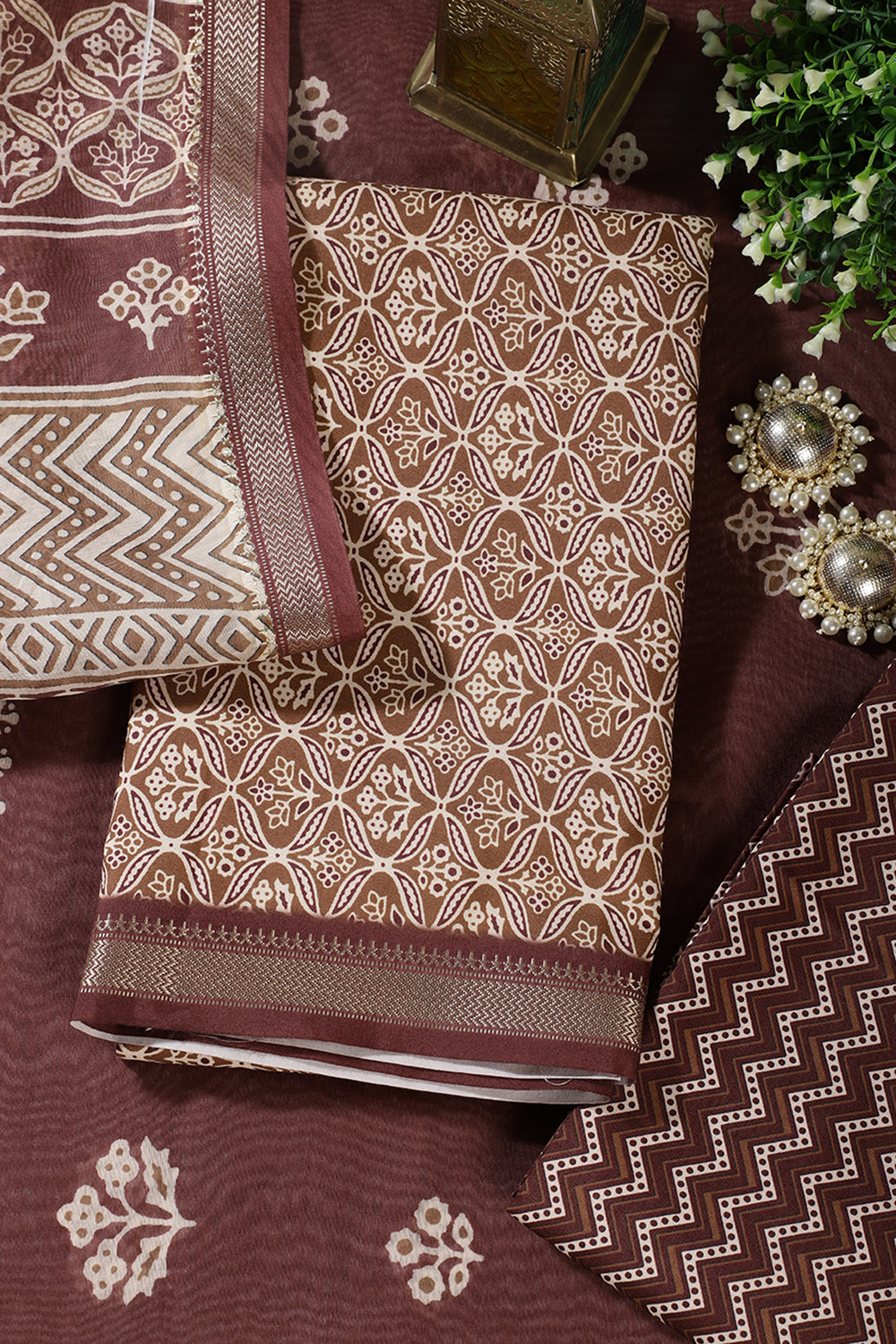 Brown Cotton Ajrakh Block Print Unstitched Suit Material