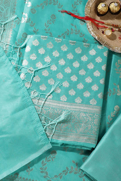 Sea Green Silk Zari Woven Unstitched Suit Fabric