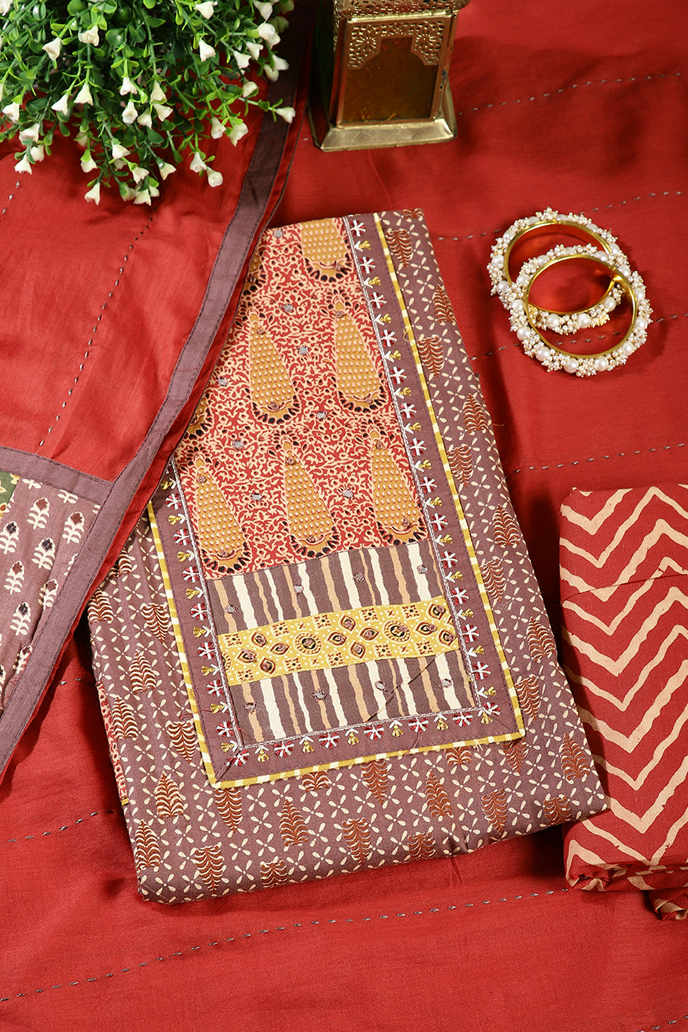 Brown & Marron Color Twill Cotton Printed Unstitched Suit Material
