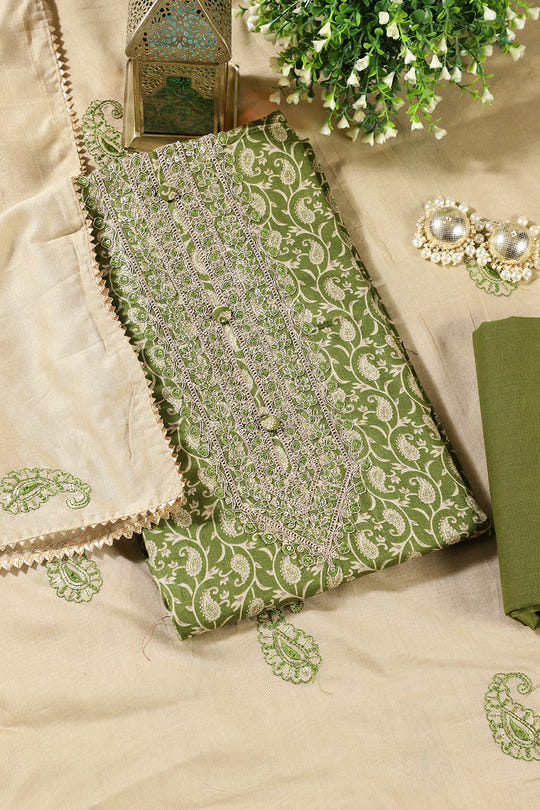Green Cotton Digital Buta-Printed & Neck Embroidered Unstitched Suit