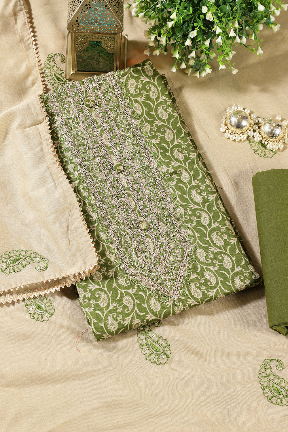 Green Cotton Digital Buta-Printed & Neck Embroidered Unstitched Suit