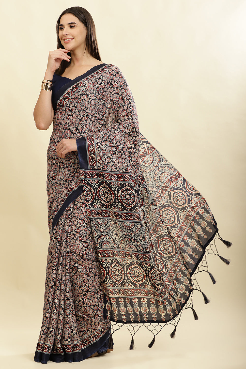 Navy Cotton Silk Ajrakh Block Printed Saree