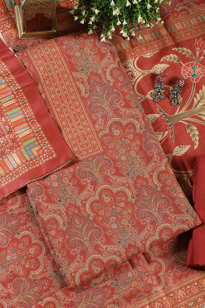 Rust Colour Pashmina Digital Printed Unstitched Suit Fabric