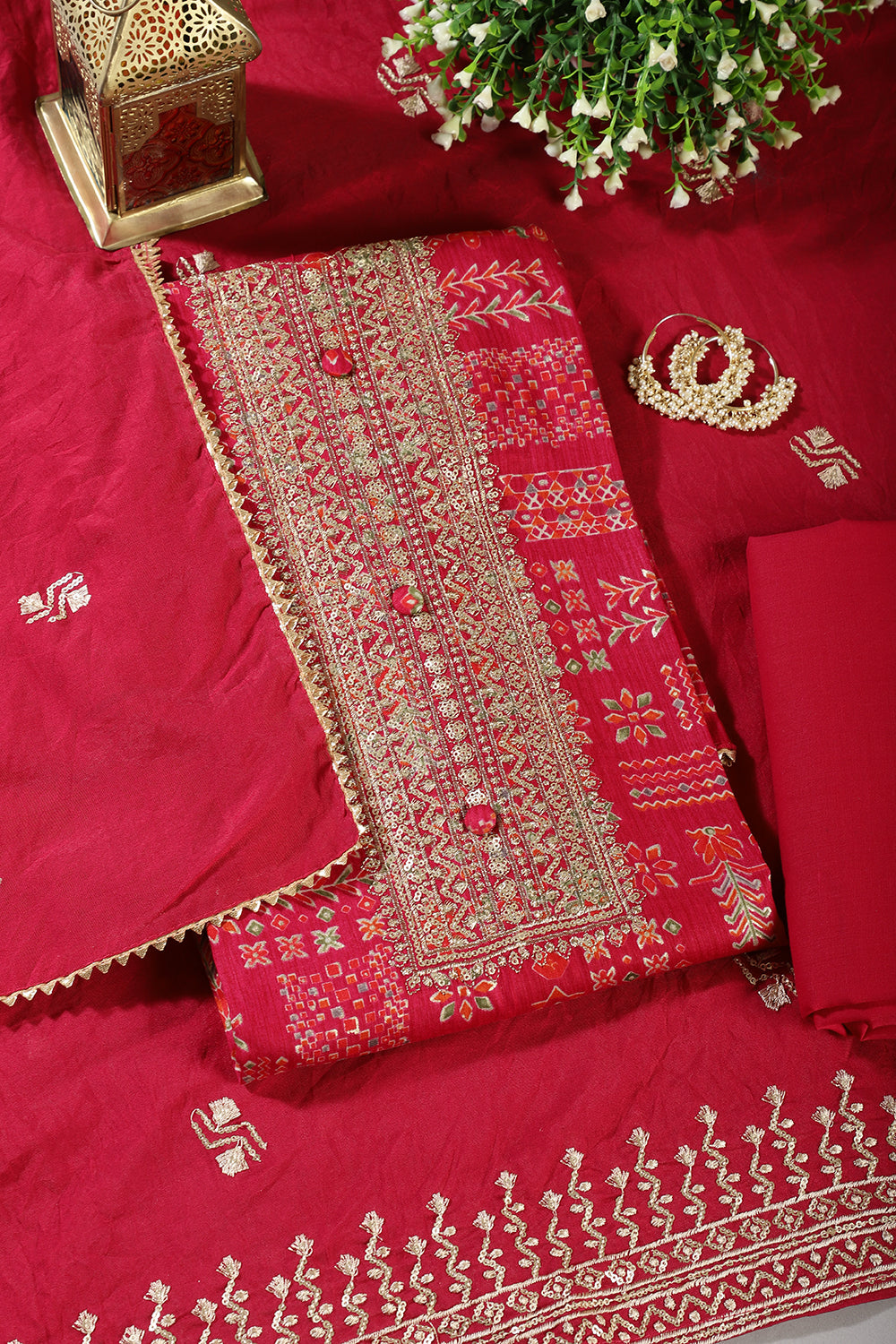 Cardinal Red Digital Printed & Neck Embroidered Cotton Unstitched Suit