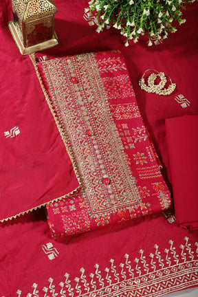 Cardinal Red Digital Printed & Neck Embroidered Cotton Unstitched Suit