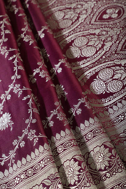 Wine Zari Woven Banarasi Silk Saree