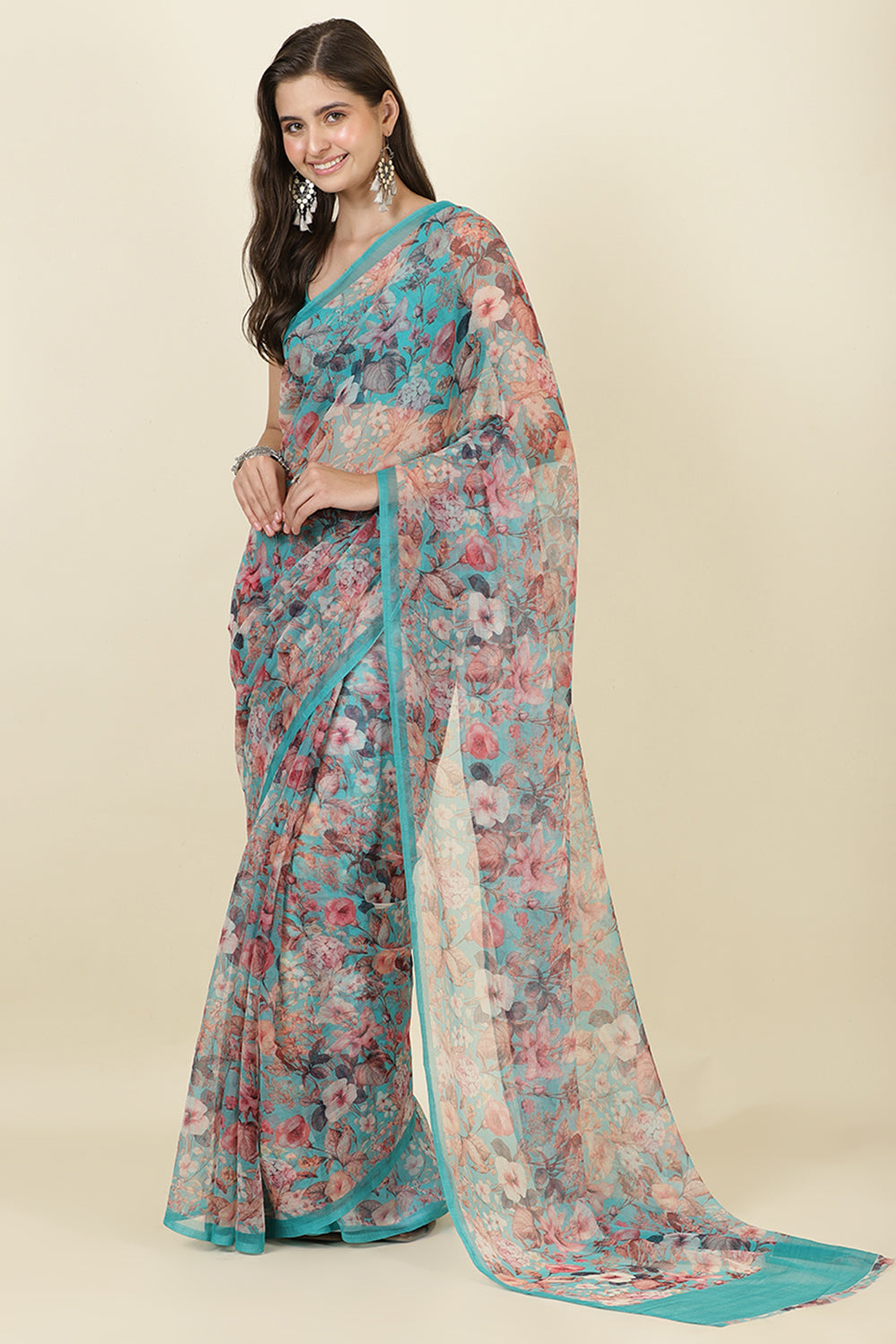 Turquoise Floral Printed Chiffon Saree