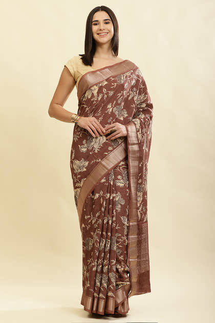 Brown Cotton Silk Floral Printed & Zari Border Saree