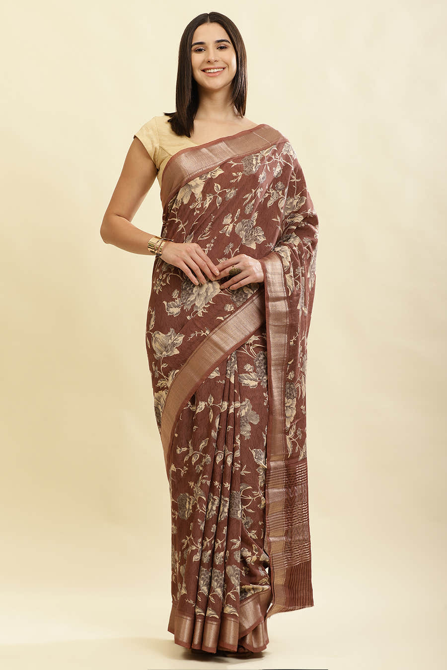 Brown Cotton Silk Floral Printed & Zari Border Saree