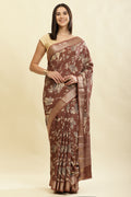 Brown Cotton Silk Floral Printed & Zari Border Saree