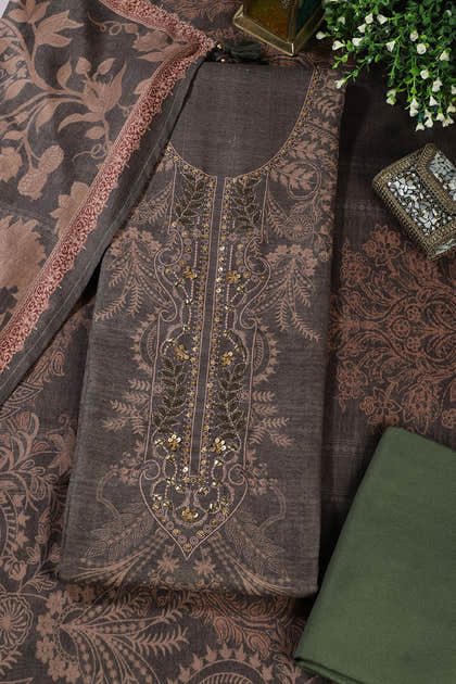 Green Spun Floral Printed Unstitched Suit Fabric