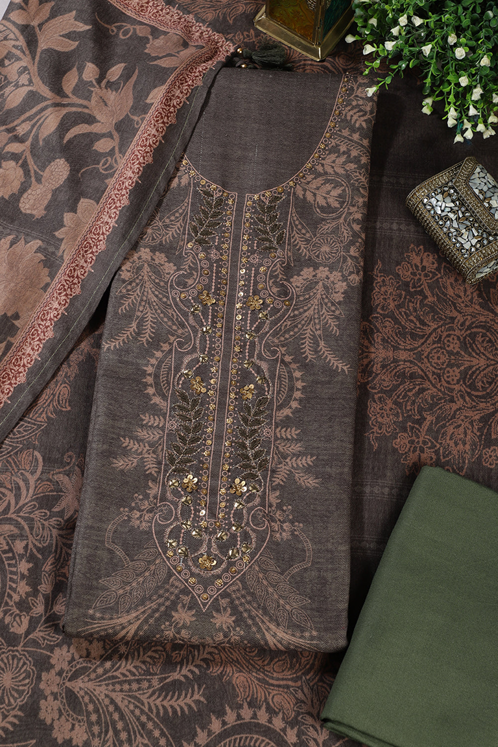 Green Spun Floral Printed Unstitched Suit Fabric