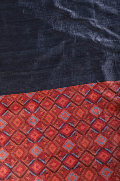 Navy Printed Tussar Silk Saree