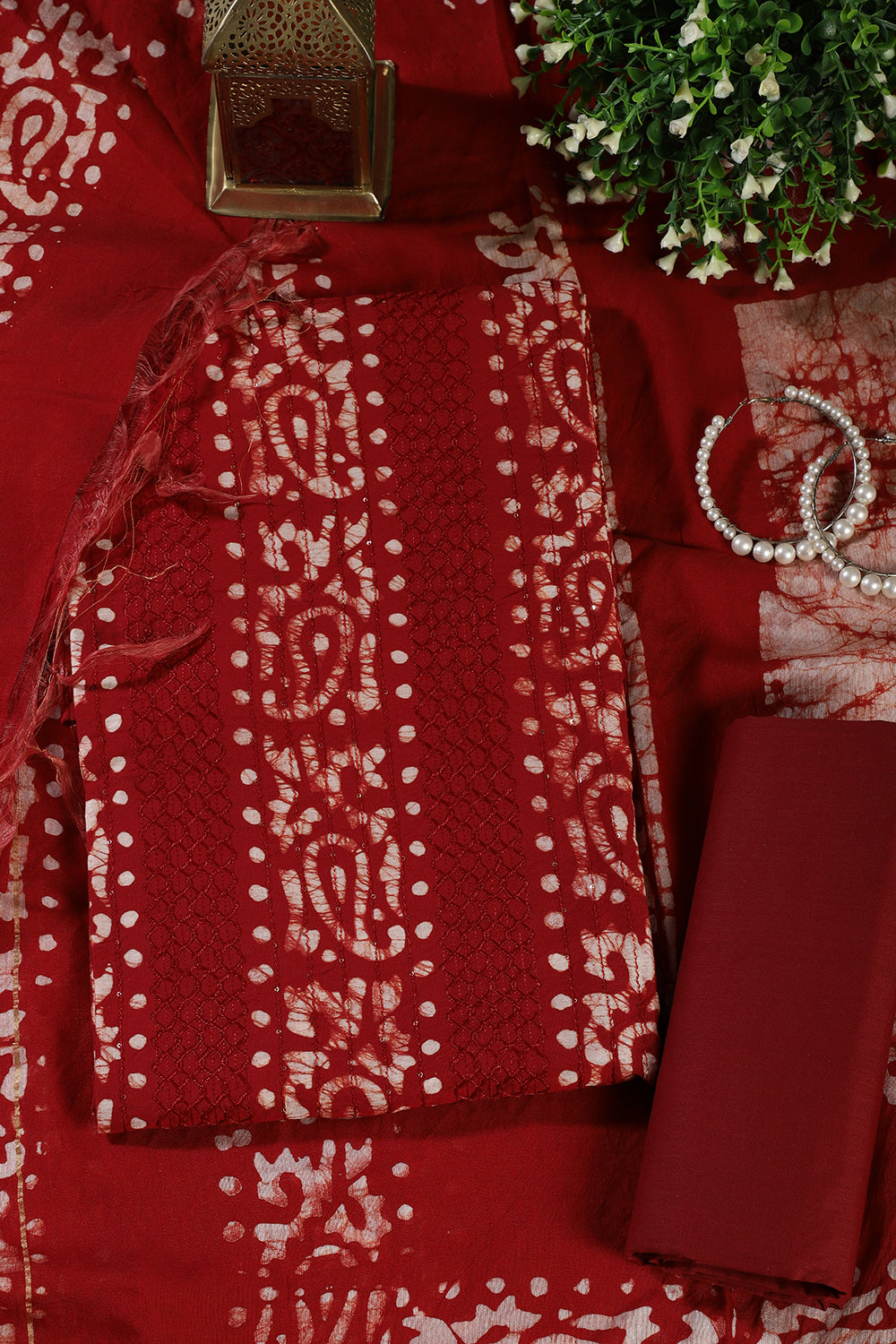 Maroon Cotton Printed And Resham Embroidered Unstitched Suit Material