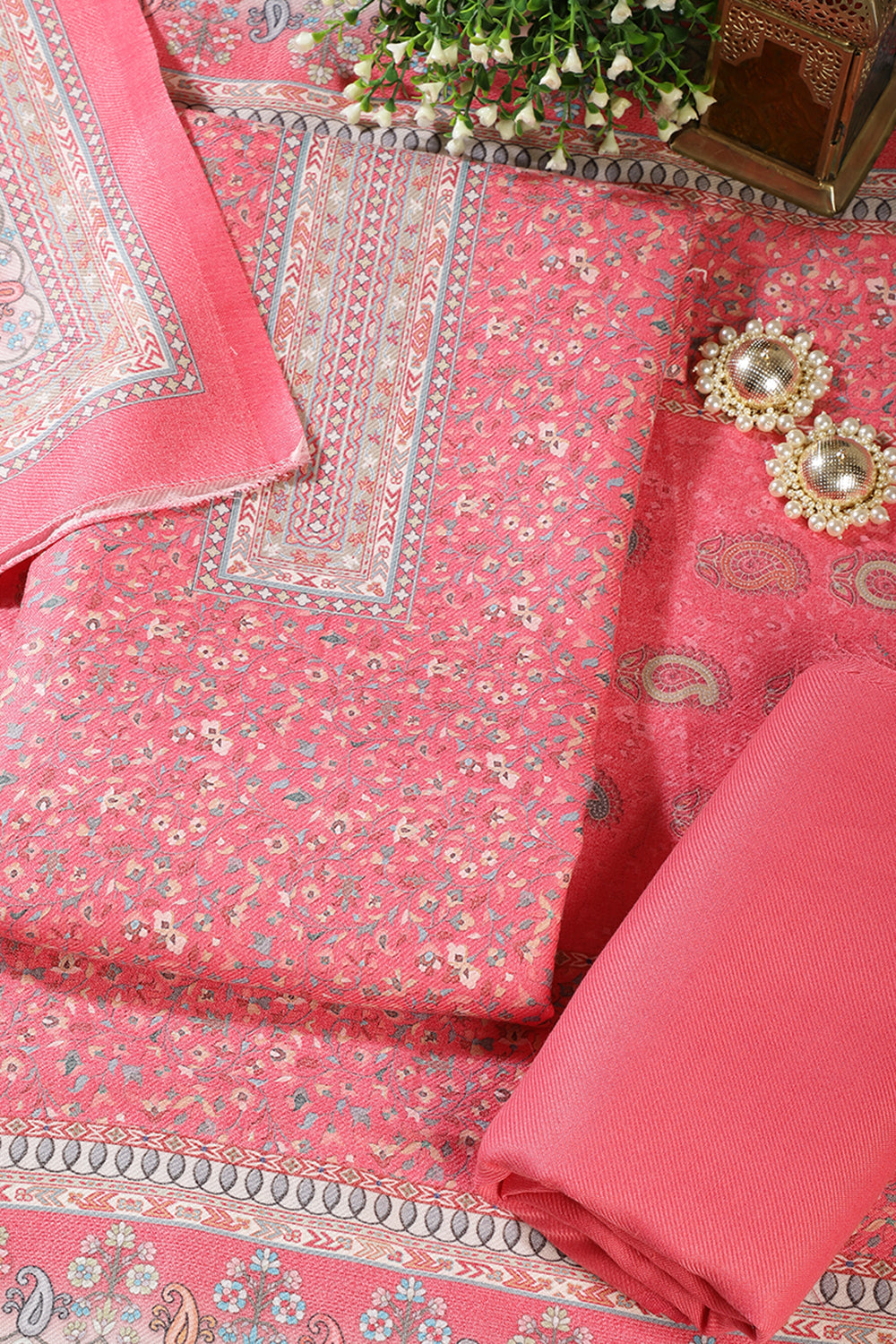 Baby Pink Pashmina Floral Printed Unstitched Suit Fabric