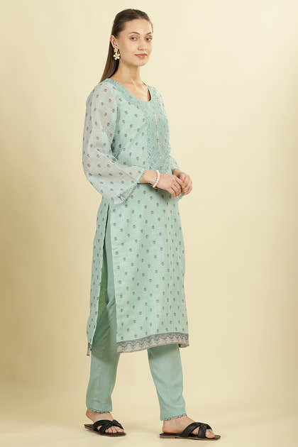 Mint Green Cotton Floral Printed And Neck-EmborideredUnstitched Suit Material