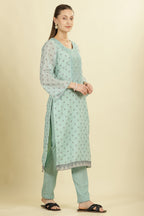 Mint Green Cotton Floral Printed And Neck-EmborideredUnstitched Suit Material