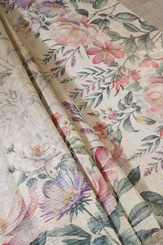 Beige Metallic Tissue Floral Printed Saree
