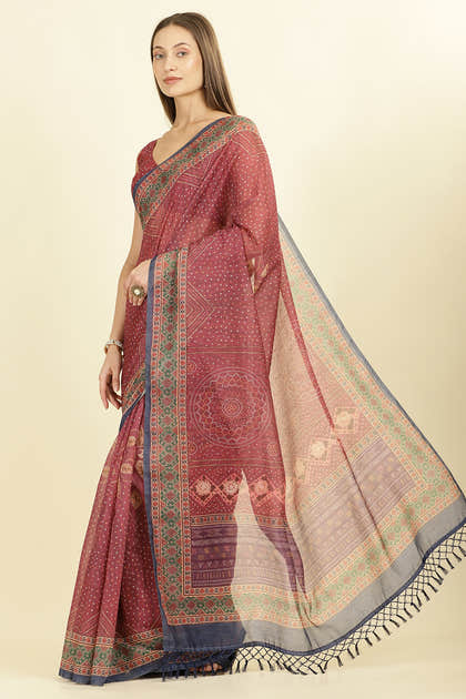 Maroon Organza Cotton Bandhani Block Printed Saree