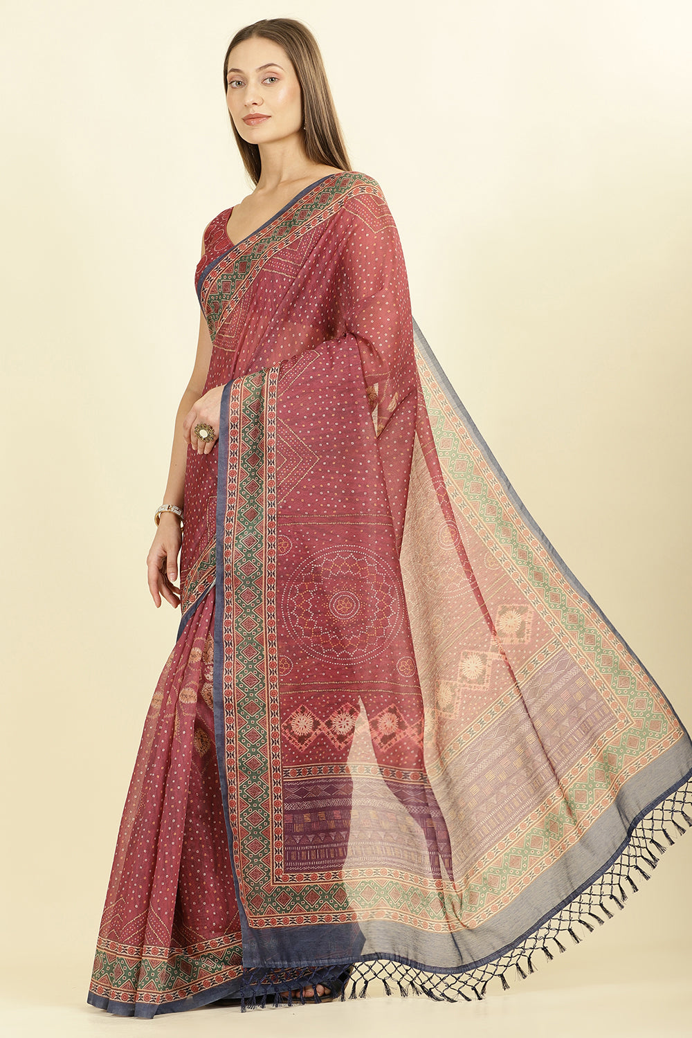 Maroon Organza Cotton Bandhani Block Printed Saree