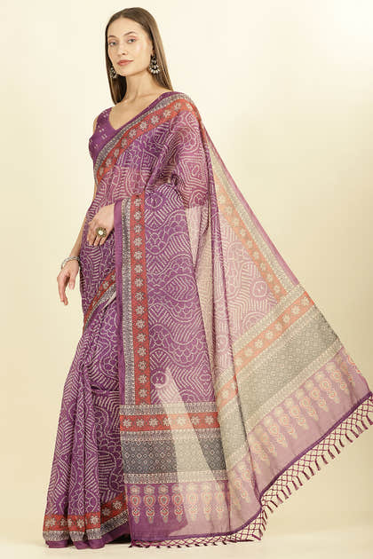 Purple Bandhani Printed Cotton Saree