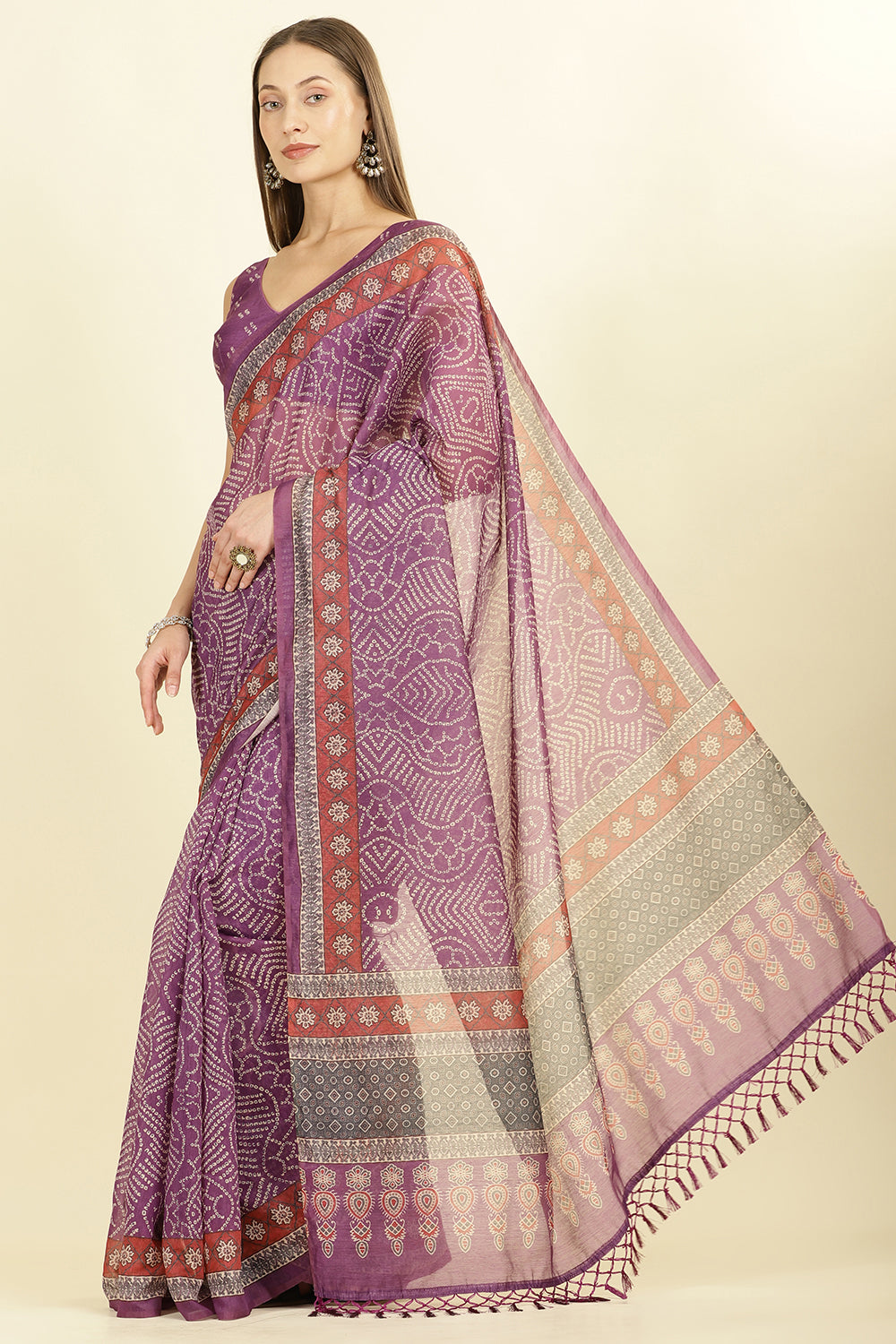 Purple Bandhani Printed Cotton Saree