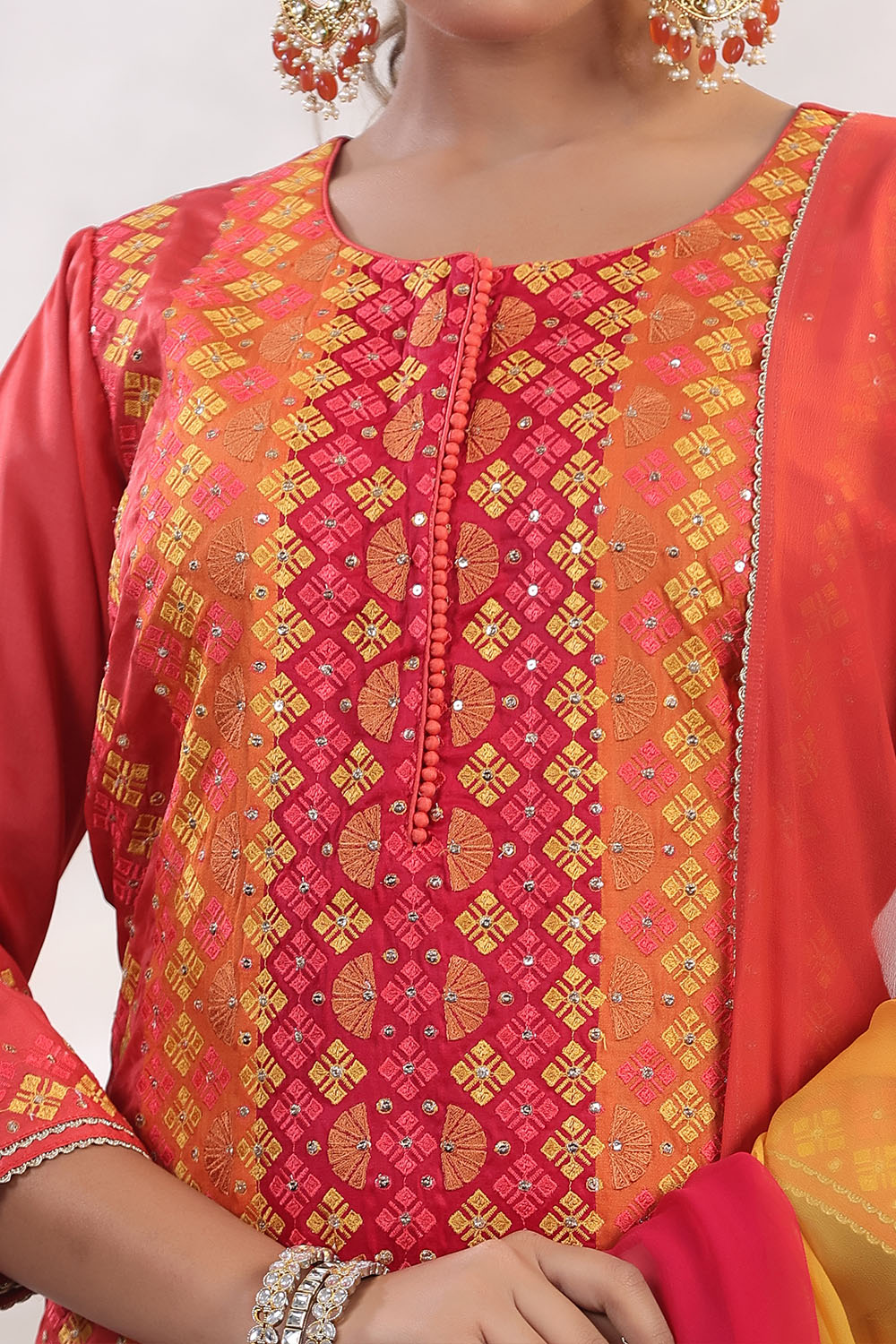 Coral Color Embroidered Silk Unstitched Suit Fabric