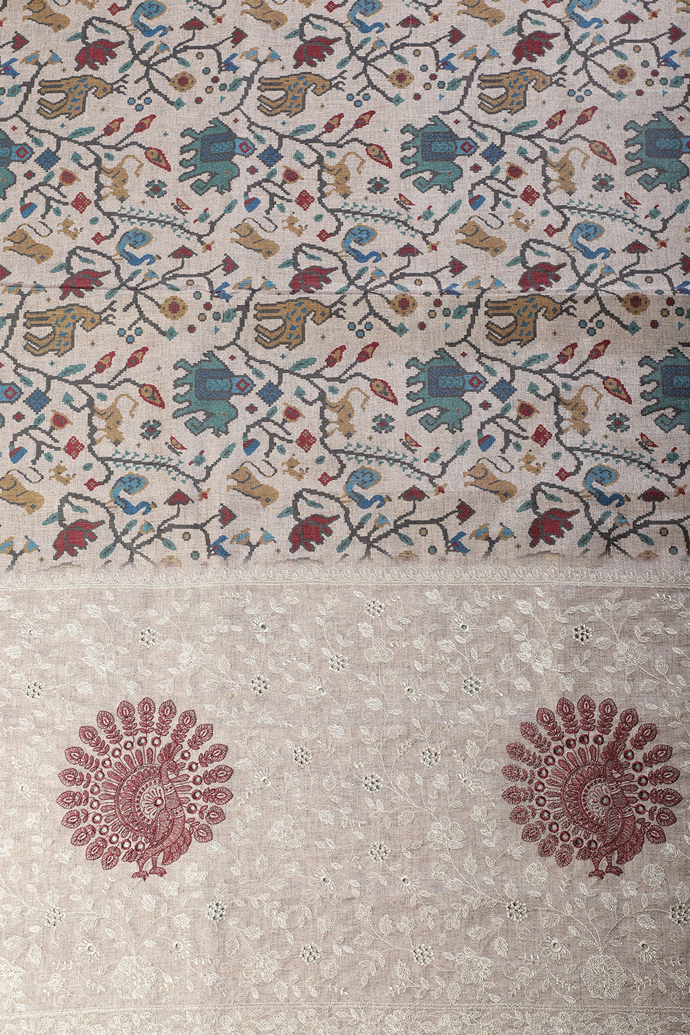 Beige Tussar Silk Printed Saree