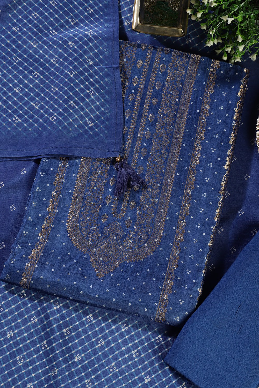 Royal Blue Zari Woven And Bandhani Printed Silk Unstitched Suit Fabric