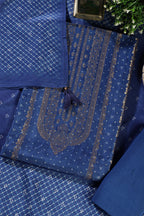 Royal Blue Zari Woven And Bandhani Printed Silk Unstitched Suit Fabric