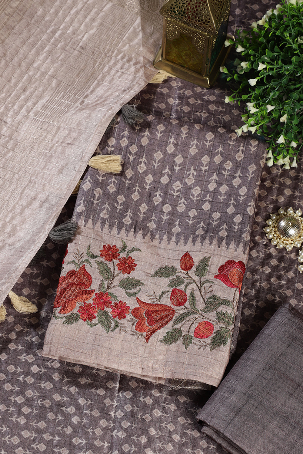 Grey Tussar Cotton Printed And Floral Embroidered Unstiched Suit Material