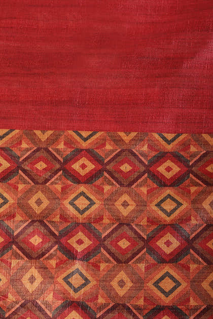 Maroon Printed Tussar Silk Saree