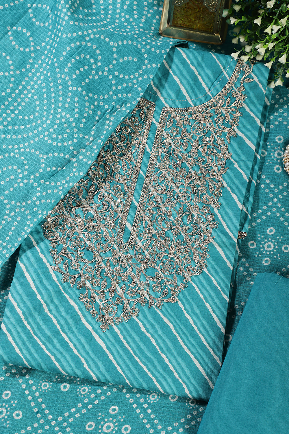 Turquoise Cotton Leheriya Printed and Neck Zari Embroidered Unstitched Suit Material
