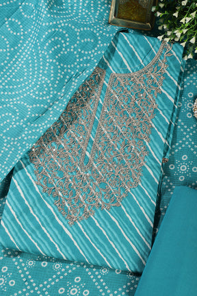 Turquoise Cotton Leheriya Printed and Neck Zari Embroidered Unstitched Suit Material