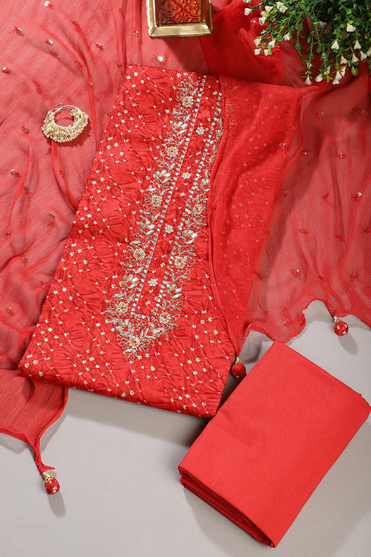 Red Cotton Neck Zardozi Embroidered & Shibori Printed Unstitched Suit Fabric
