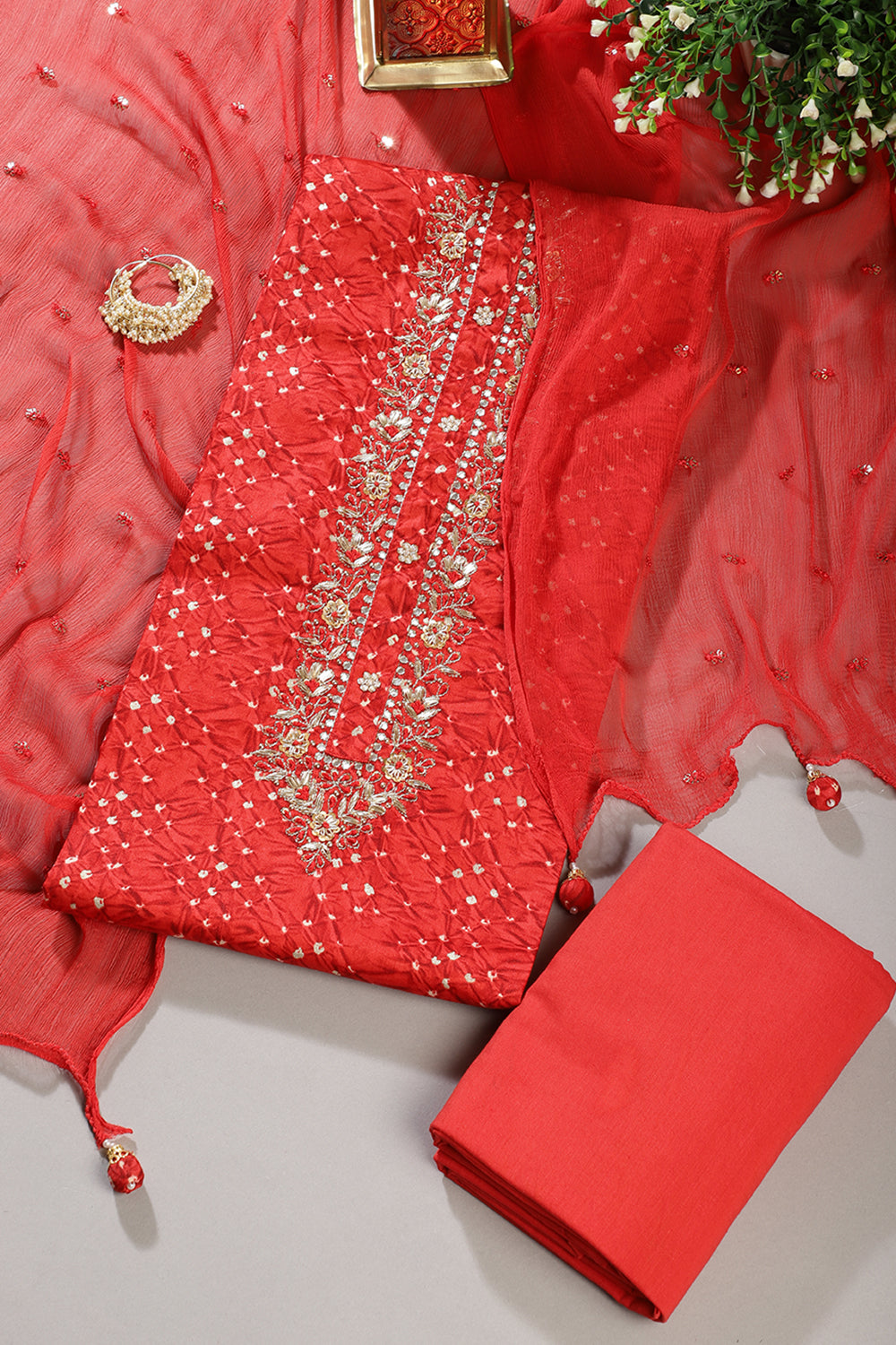 Red Cotton Neck Zardozi Embroidered & Shibori Printed Unstitched Suit Fabric