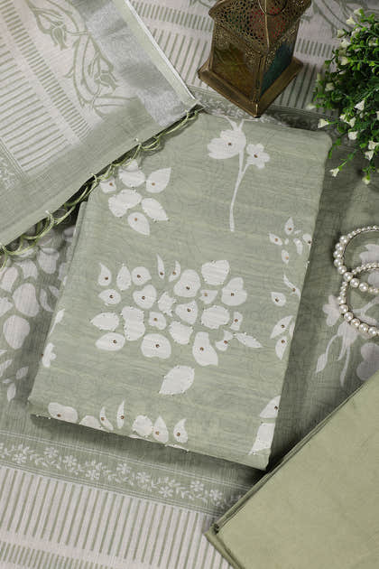 Green Color Printed Linen Cotton Unstitched Suits